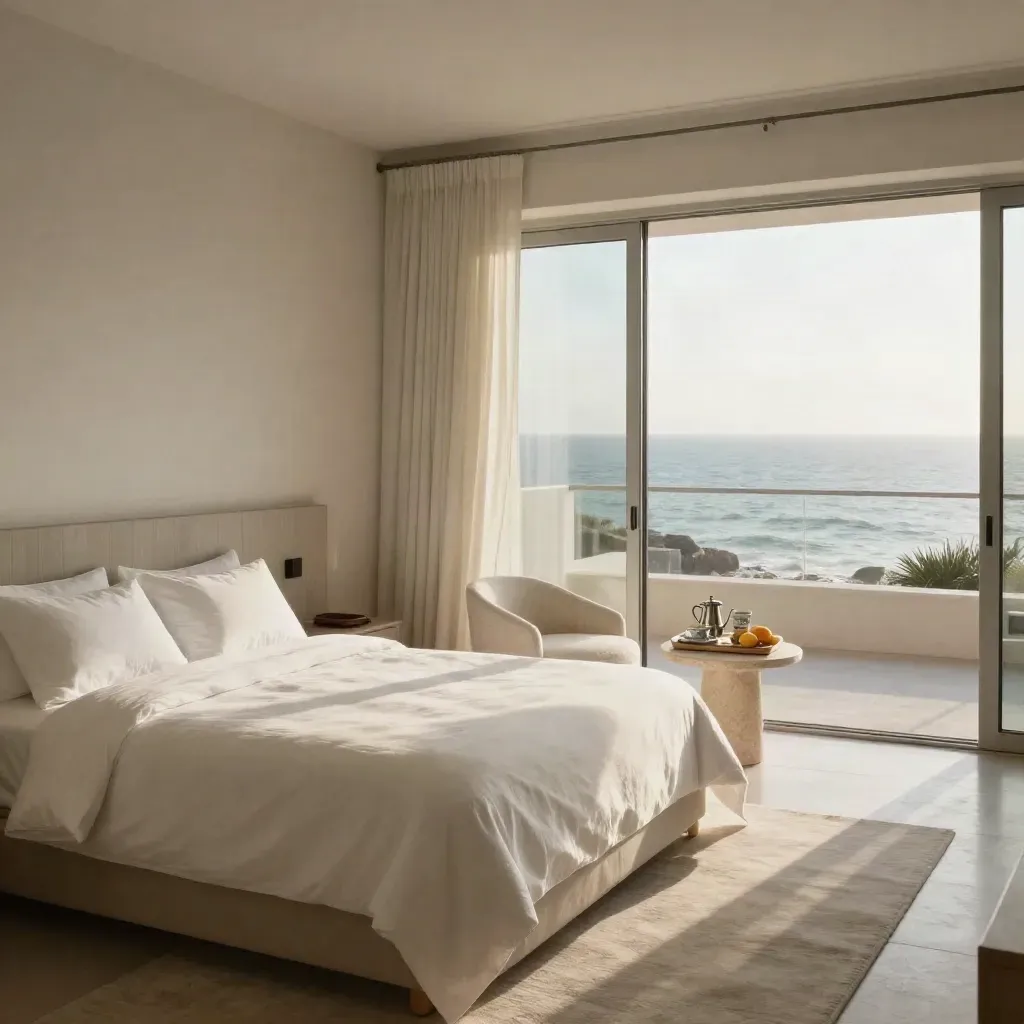 Suite vista mare luminosa con letto, colazione e balcone aperto sul mare all’alba