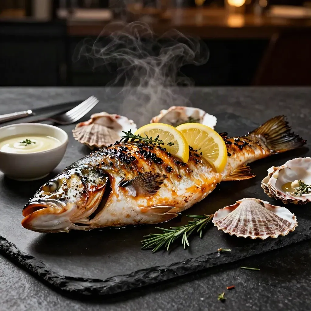 Pesce intero alla griglia con limone, erbe e conchiglie su pietra scura