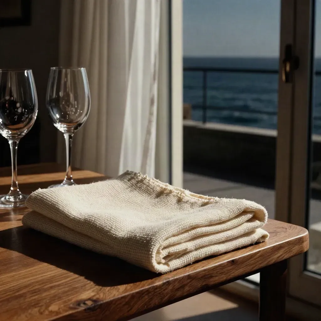 Macro di plaid, bicchieri e tenda bianca con porta-finestra aperta sul mare notturno