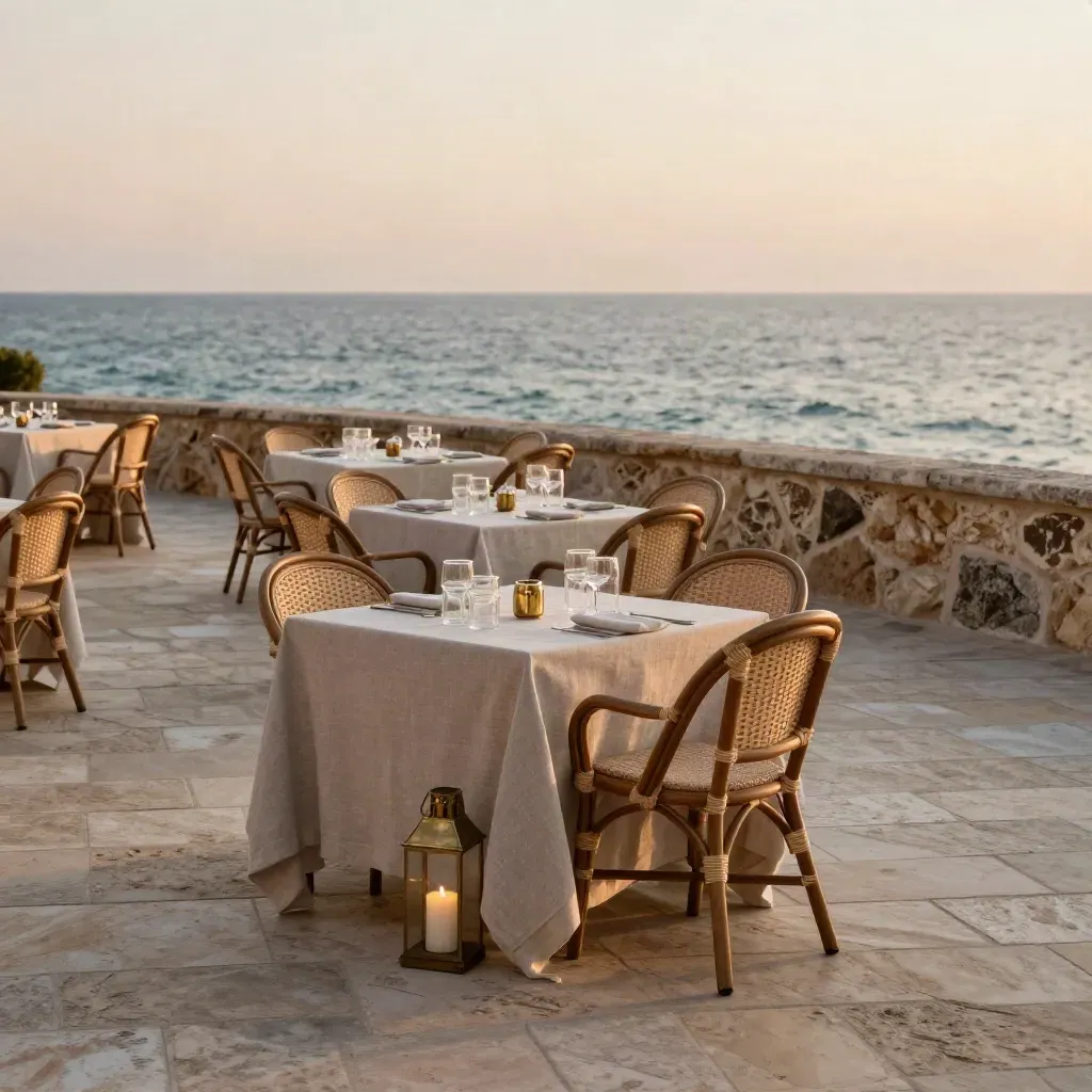 Terrazza vista mare in preparazione per eventi, tavoli allineati, lumi e sedie ordinate al tramonto
