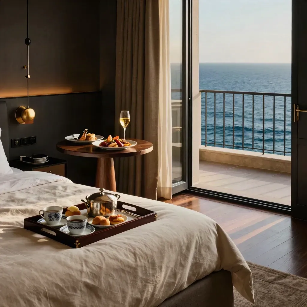 Suite vista mare con letto, colazione, piatto di pesce e calice aperitivo sul balcone aperto