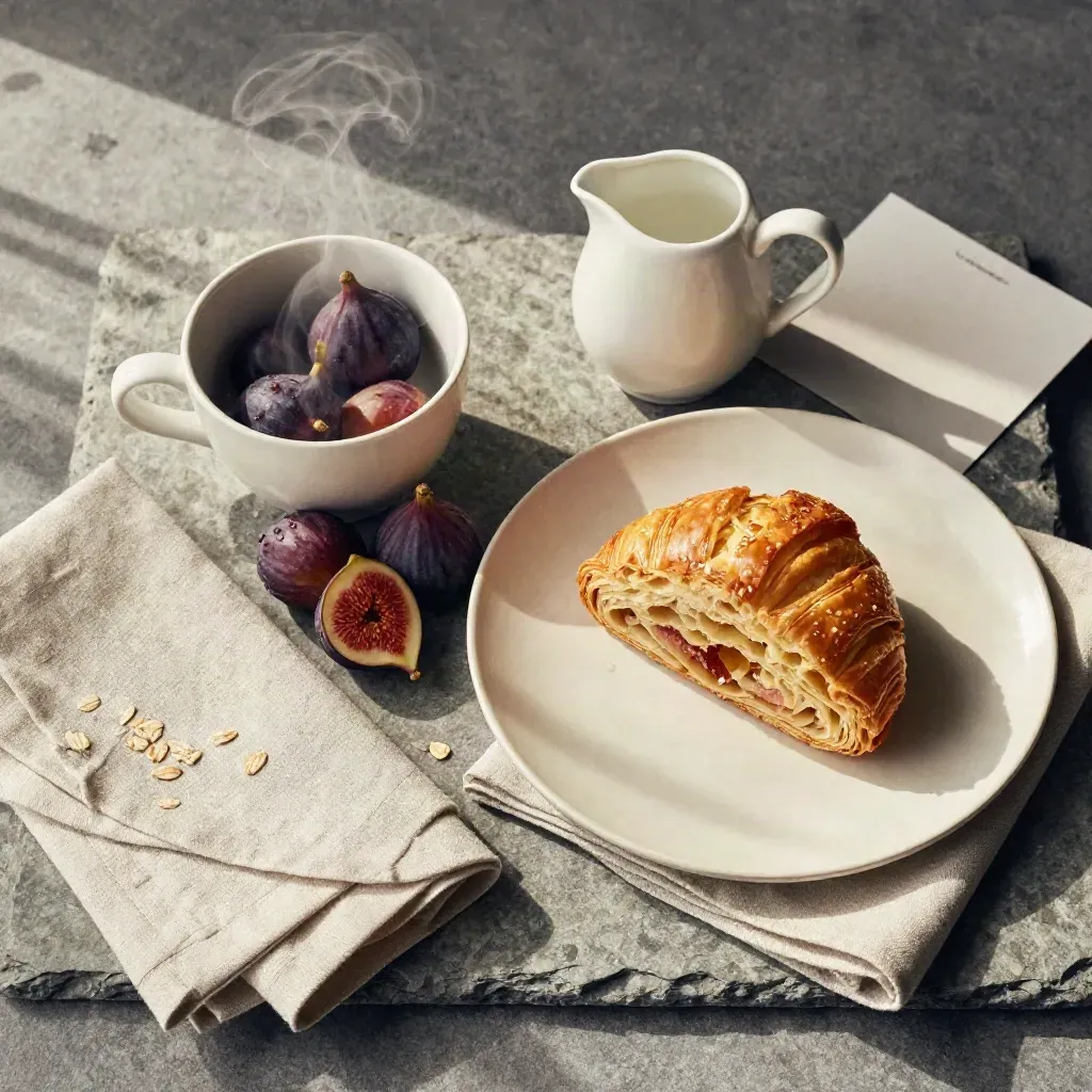 Flatlay dall’alto con colazione al tavolo, tazza fumante, dolce, frutta e lino.
