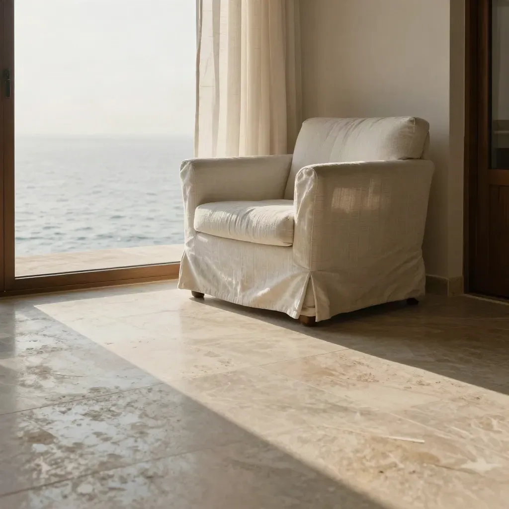 Angolo di suite vista mare con poltrona in lino, tenda leggera e soglia luminosa